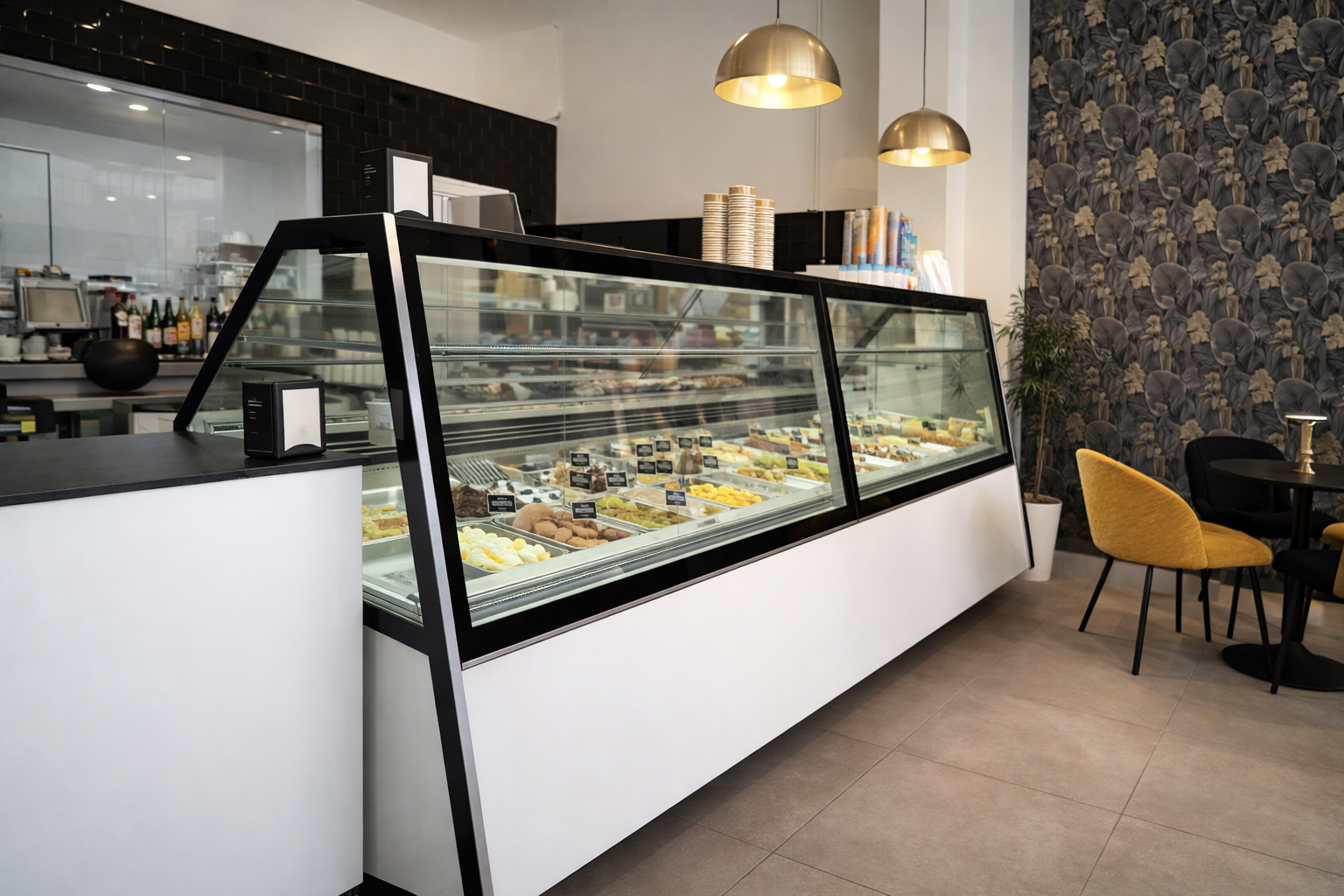 Mostrador de helados artesanales con lámparas doradas en KATI Gelateria