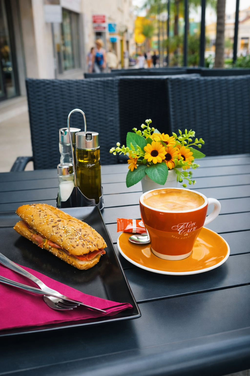 Desayuno en la terraza exterior de KATI — bocadillo y café