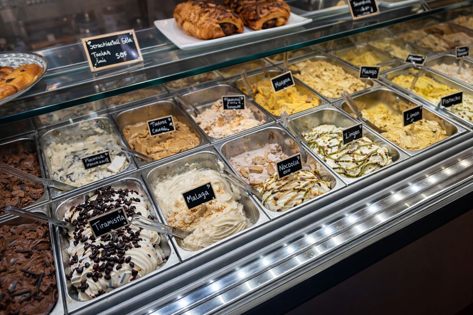 Detalle de los sabores de gelato artesanal en la vitrina